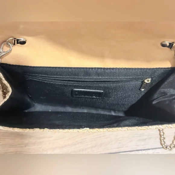 Chelsea28 Floral Embroidered Straw Woven Crossbody Purse Hand Bag Gold Chain - Picture 6 of 7